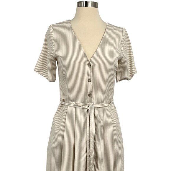 Vetta The Button Up Midi Dress Taupe Stripe Short Sleeve Buttoned Size XS Belted - Picture 2 of 9